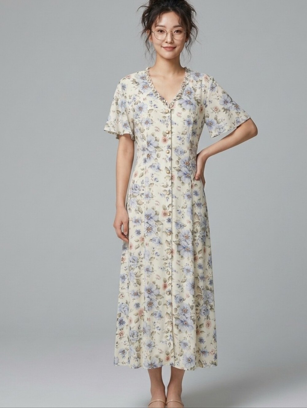 VTG Floral Cottagecore Maxi Dress Flutter Sleeve Vintage Size 14 Fits Large